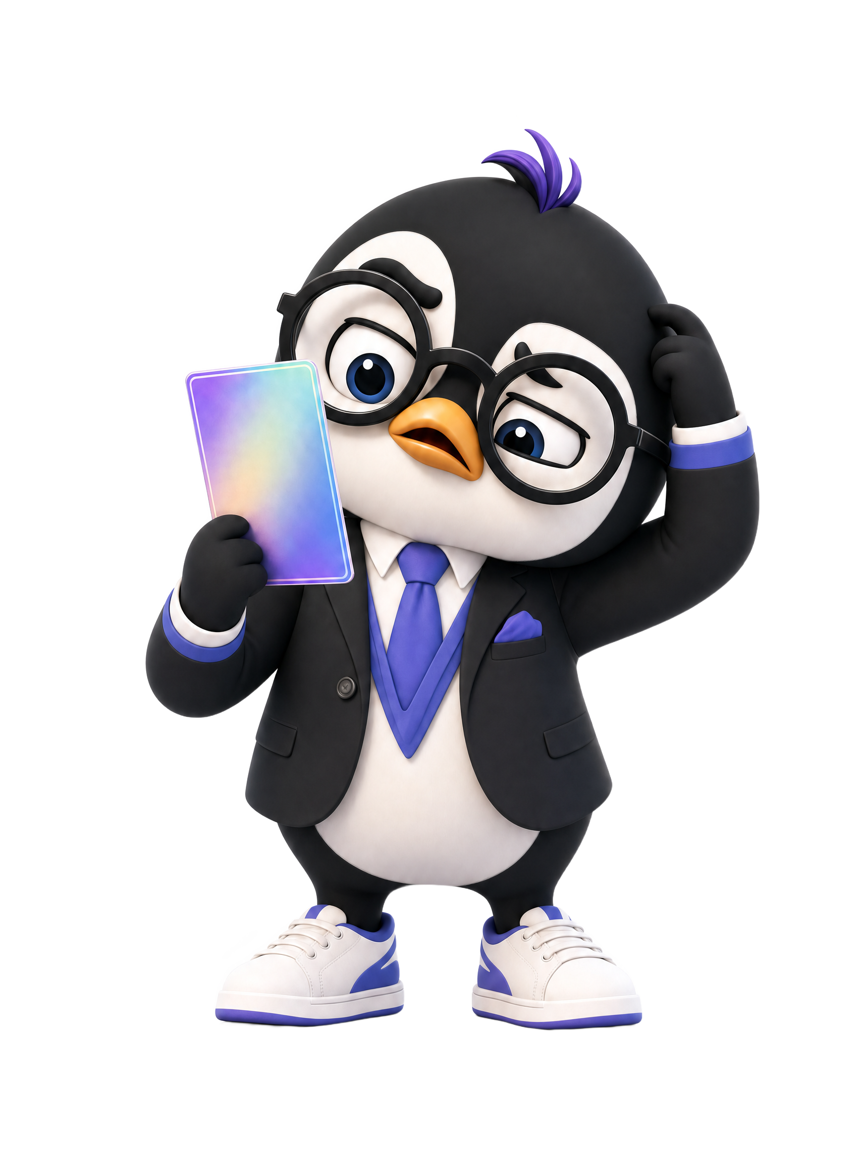 Pipos, puzzled, holding a card